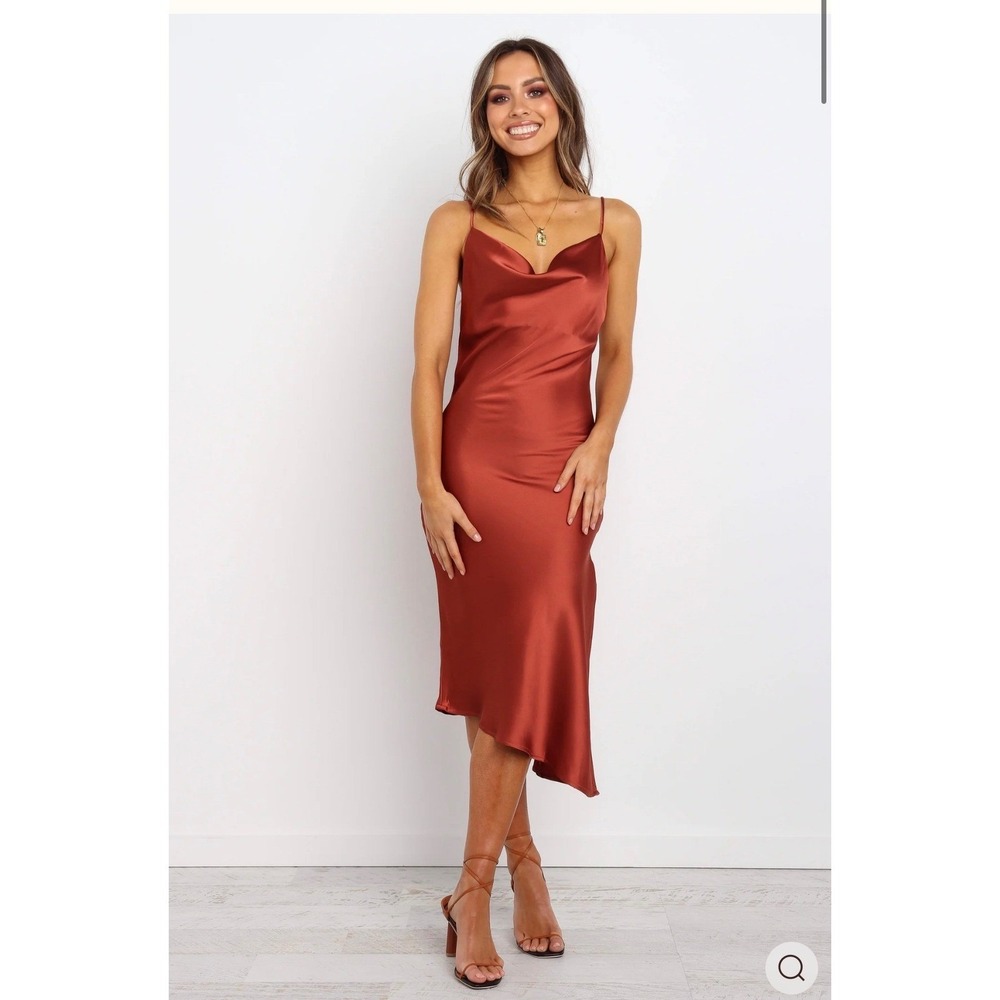 Petal + Pup Cyprus Rust Satin Cowl Neck Asymmetric Midi Dress US 6 NEW
